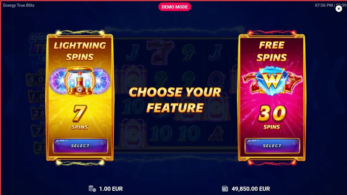 Tampilan visual slot Energy True Blitz dengan tema neon dan listrik