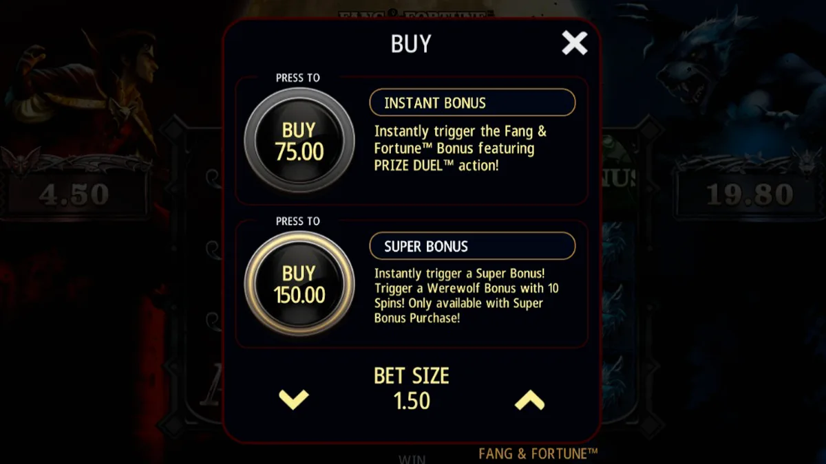Tampilan visual slot Fang & Fortune dengan tema pertarungan vampir dan manusia serigala