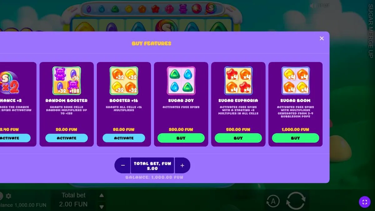 Tampilan visual permainan slot Sugar Merge Up dengan tema permen dan gummy bear yang ceria.